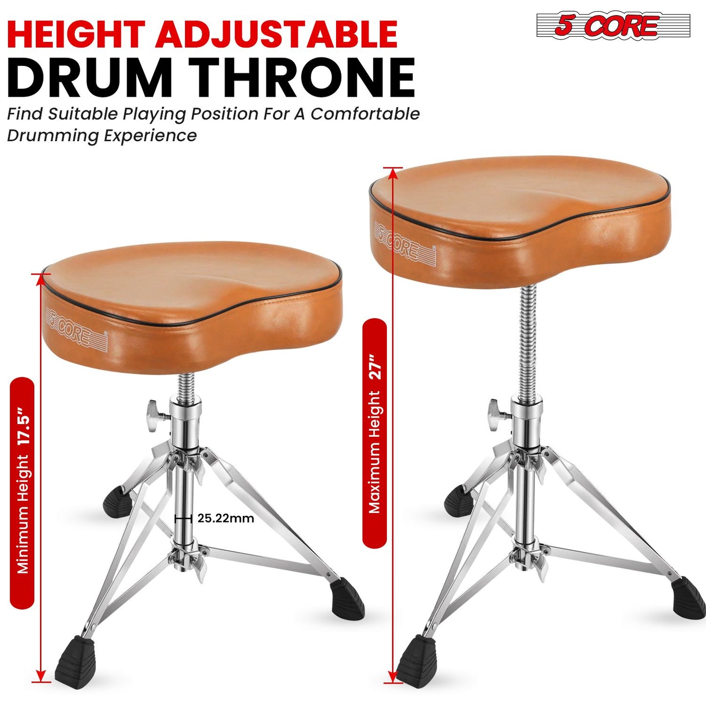 5 CORE Drum Throne Padded Guitar Stool Adjustable Heavy Duty Saddle Music Chair Seat Universal for Adults & Kids with Anti Slip Rubber Feet - DS CH BR SDL HD