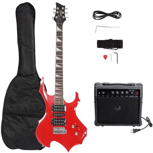 [Do Not Sell on Amazon]Glarry Flame Shaped Electric Guitar with 20W Electric Guitar Sound HSH Pickup Novice Guitar Audio Bag Strap Picks Shake Cable Wrench Tool Red