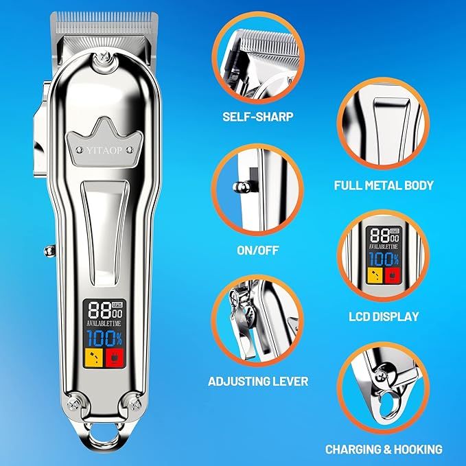 Hair Clipper Cordless Hair Trimmer for Men Professional Full Metal, Beard/Hair Cutting Grooming Kit USB Rechargeable, LED Display with Guide Combs Brush