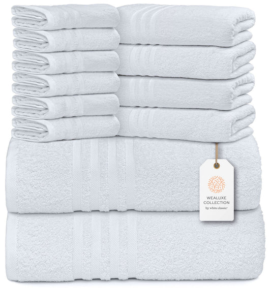 12 Piece Bath Towel Set for Bathroom 2 Bath Towels 4 Hand Towels 6 Washcloths 100% Cotton Soft and Plush Highly Absorbent Soft Towel for Hotel & Spa White