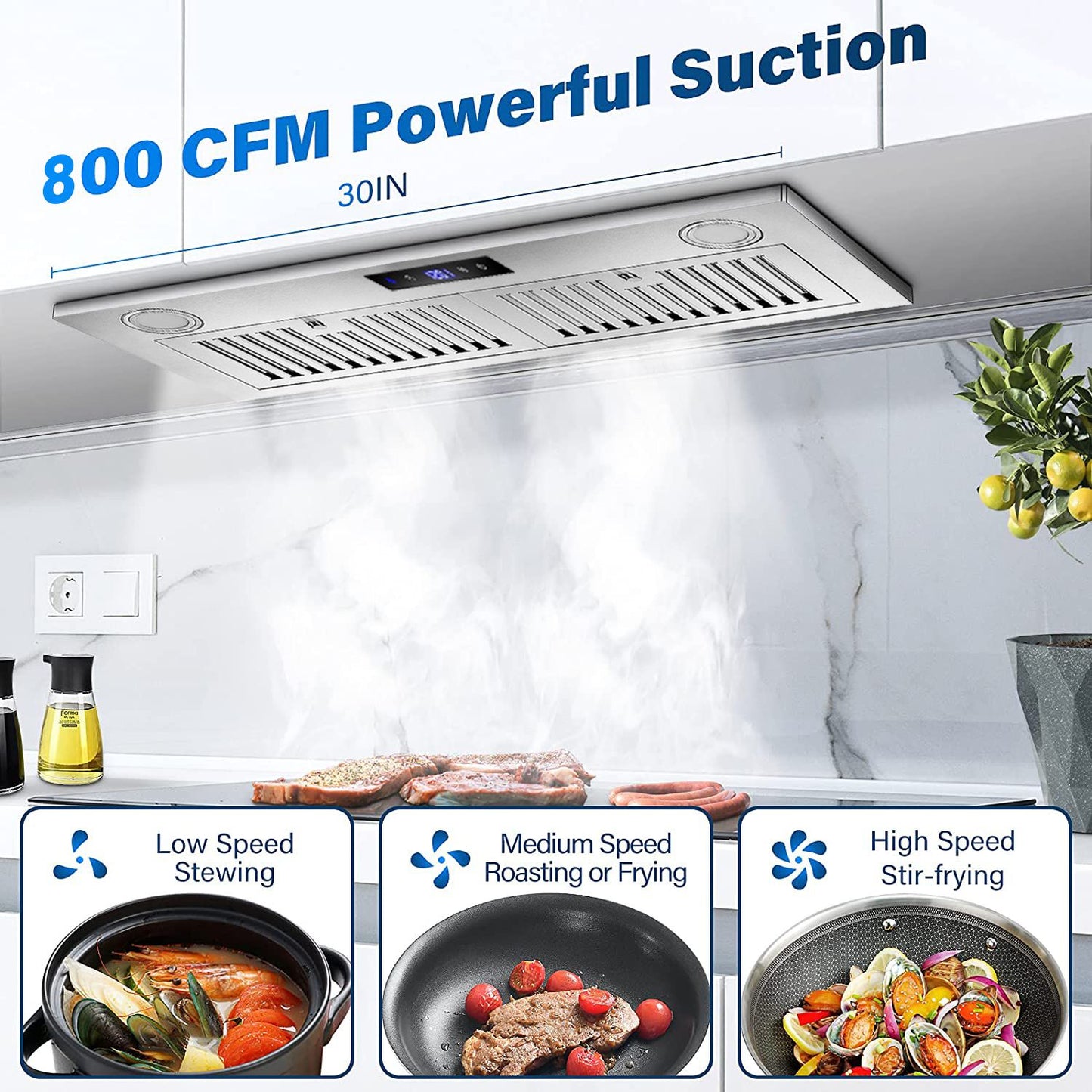 Range Hood Insert 30 inch,Stainless Steel Kitchen Vent Hood 600CFM,Built-in Kitchen Stove Hood w/Front Touch Control and Front LED Lights,Baffle Filters,Ducted/ductless Convertible Duct