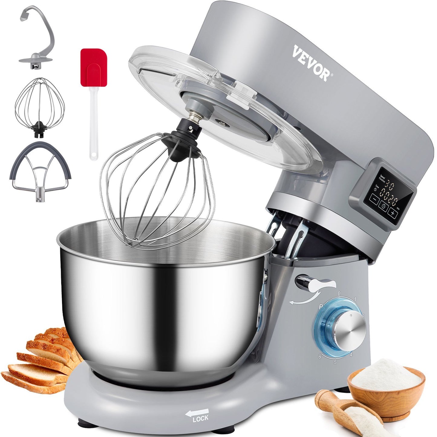 VEVOR Stand Mixer; 660W Electric Dough Mixer with 6 Speeds LCD Screen Timing; Tilt-Head Food Mixer with 5.8 Qt Stainless Steel Bowl; Dough Hook