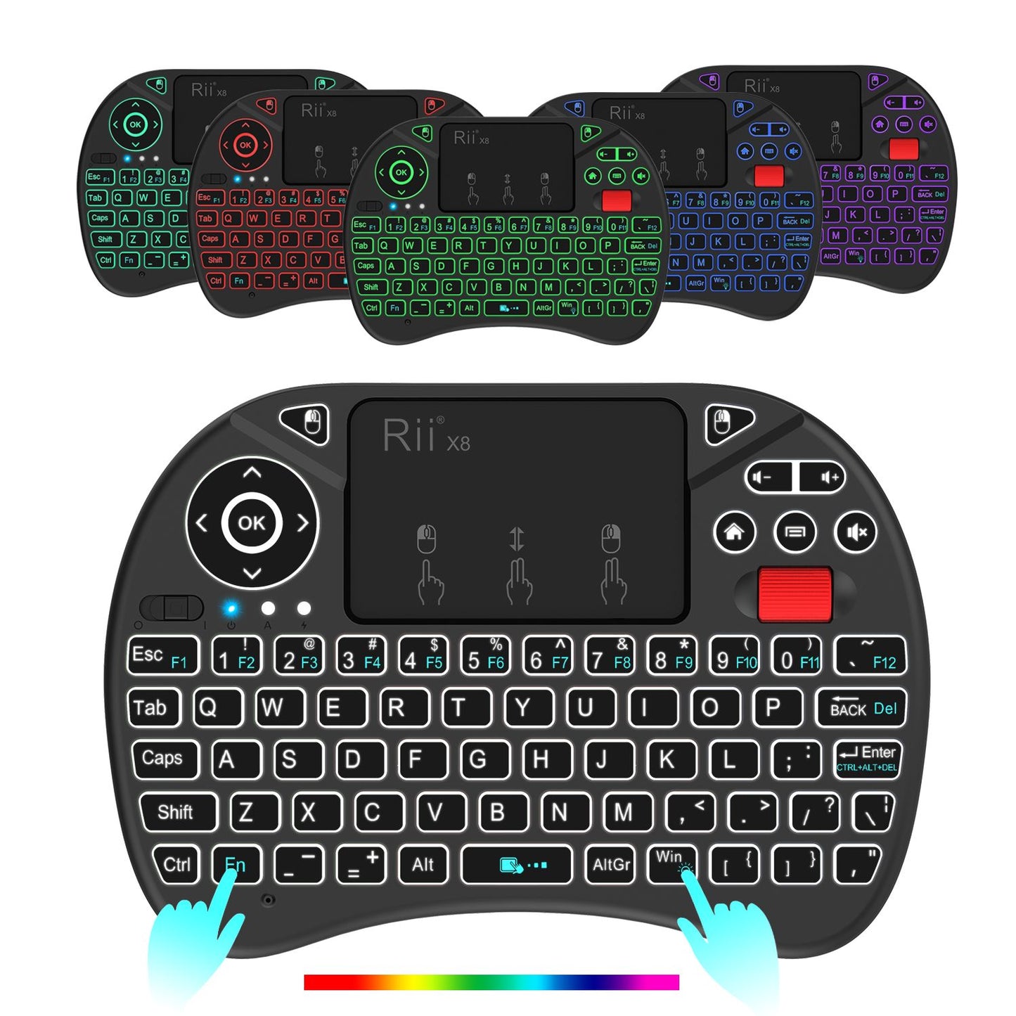 Rii X8 Portable 2.4GHz Mini Wireless Keyboard Controller with Touchpad Mouse Combo,8 Colors RGB Backlit,Rechargeable Li-ion Battery for Google Android TV Box, PS3, PC, Pad,Nvidia Shield