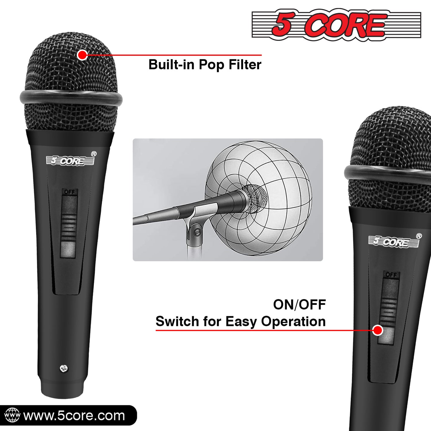 5 Core Microphone XLR Dynamic Mic Karaoke Singing Handheld Microfono Wired Professional Unidirectional 1/4 Plug In Cord Connection for Vocal DJ Music - PM 816