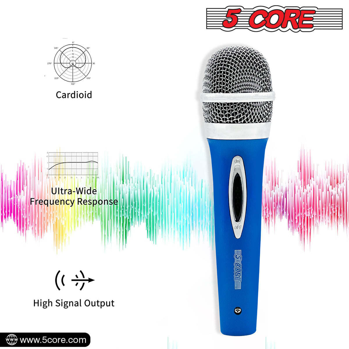 5 Core Microphone Wired Premium Vocal Dynamic Cardioid Handheld Unidirectional Mic with 12ft Detachable XLR Cable to inch Audio Jack and On/Off Switch for Karaoke Singing (Blue) PM 286 BLU