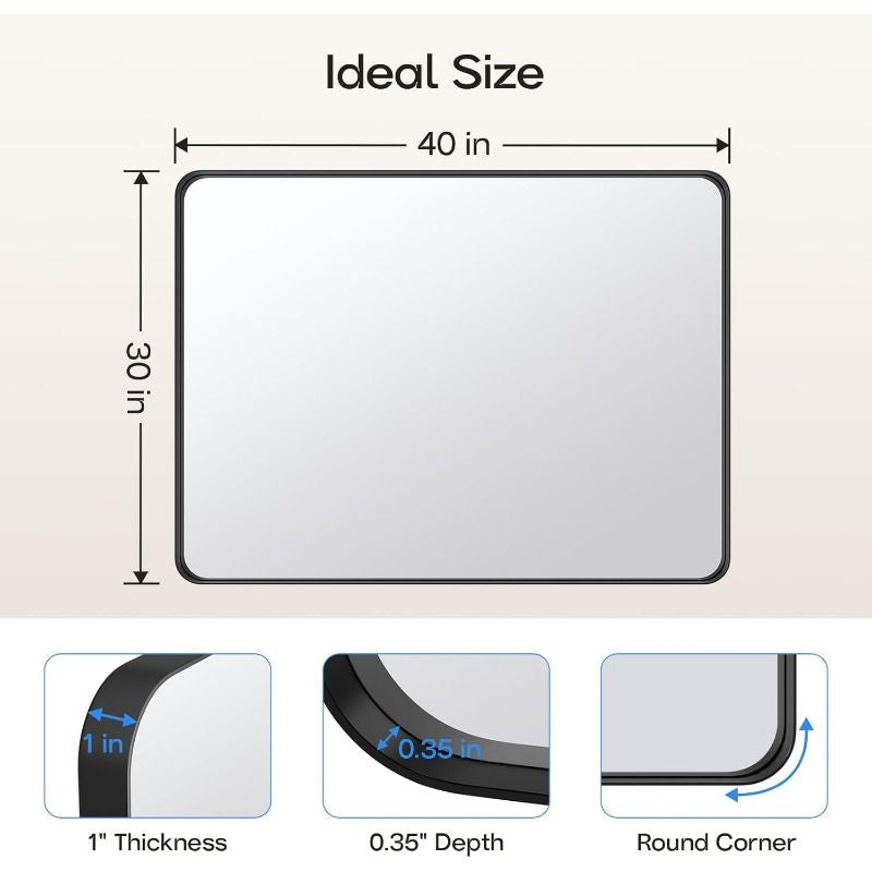 Large 40-inch x 30-inch black bathroom mirror is stylishly simple and atmospheric