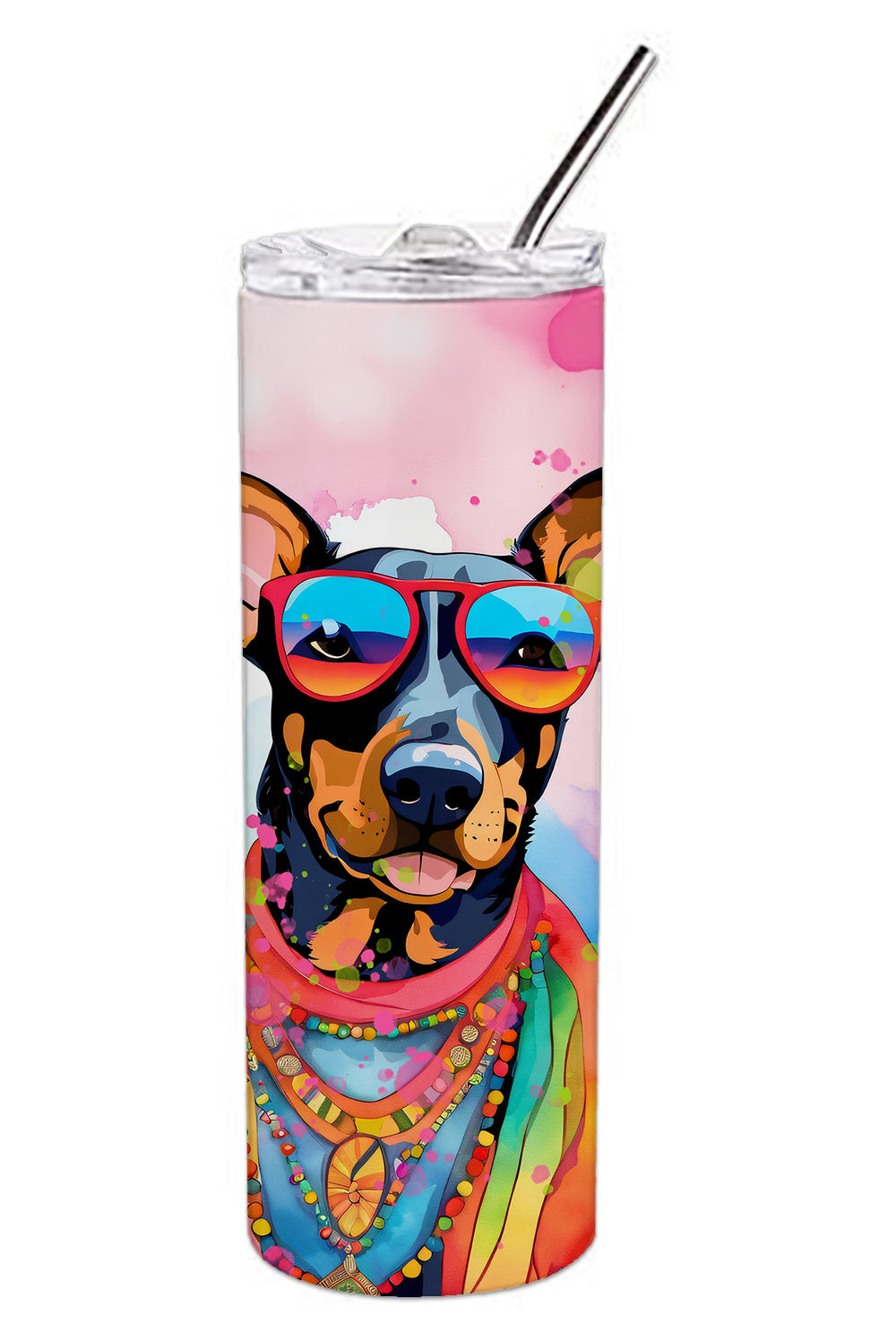 Doberman Pinscher Hippie Dawg Stainless Steel Skinny Tumbler Vacuum Double Walled Reusable Insulated Tumbler Travel Cup for Coffee Cocktails Gift with Lid, 20 oz