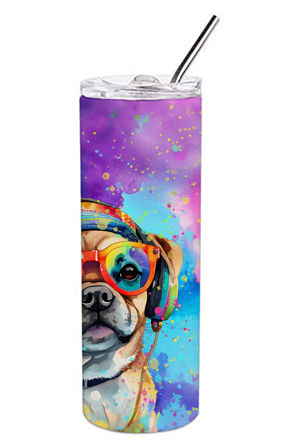 Pug Hippie Dawg Stainless Steel Skinny Tumbler Vacuum Double Walled Reusable Insulated Tumbler Travel Cup for Coffee Cocktails Gift with Lid, 20 oz