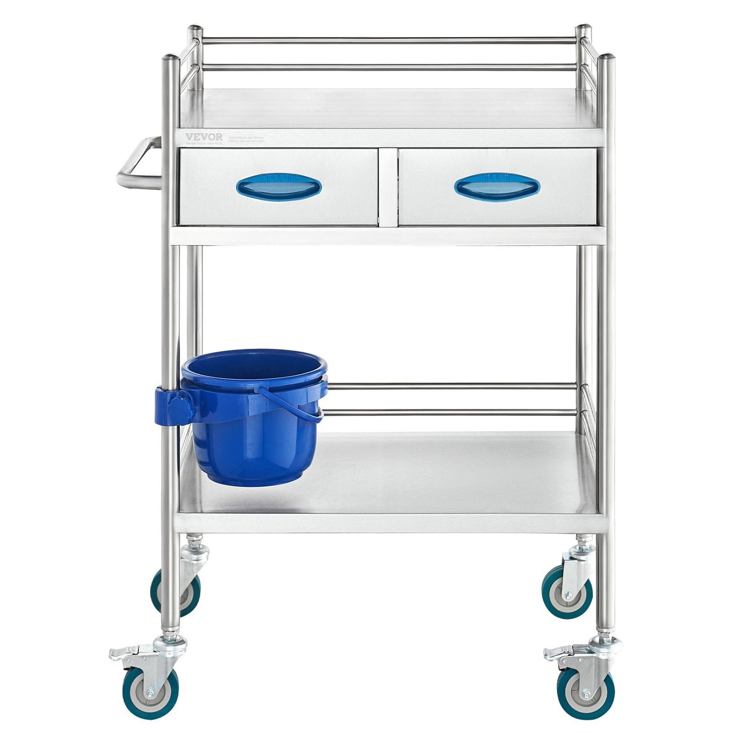 VEVOR Lab Serving Cart, 2 Layers Stainless Steel Utility Rolling Cart, Medical Cart with Two Drawers, Dental Utility Cart with Lockable Wheels and A Bucket, for Laboratory, Hospital, Dental Use