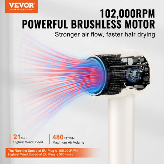 VEVOR High-Speed Hair Dryer with 102,000RPM Brushless Motor, 200 Million Negative Ions Hair Blow Dryer, 3-Color Temp LED Lights & 2 Speeds, Lightweight Hairdryer with Diffuser & Nozzle for Home Travel