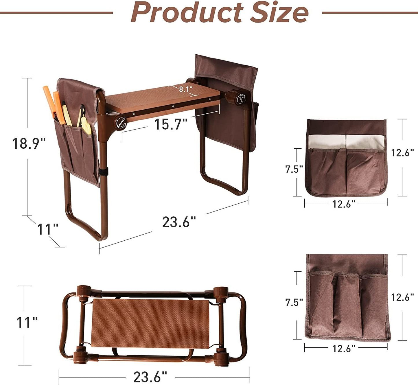 Heavy Duty Widen Garden Kneeler and Seat Bench Folding Garden Workseat with EVA Foam Kneeling Pad and Dual Pouch