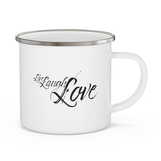 Enamel Camping Mug, Live Laugh Love Black Illustration