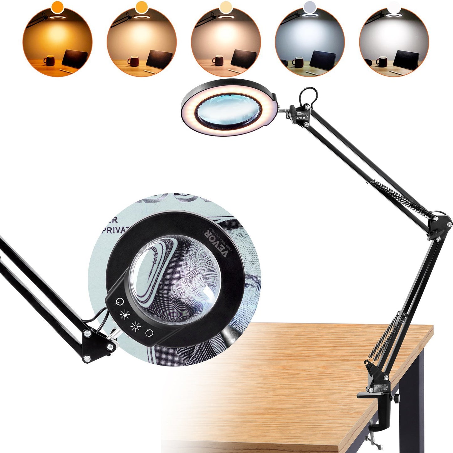 VEVOR Magnifying Glass with Light and Stand, 5X Magnifying Lamp, 4.3" Glass Lens, Desk Magnifier with Light, 64 LED Lights 5 Color Modes, with Clamp for Close Work, Reading, Repair Crafts