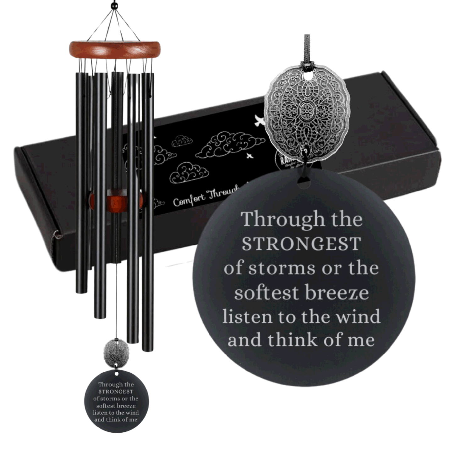 Memorial Wind Chime Through the Strongest of Storms Black Large 28 inch Outdoor Gift by Weathered Raindrop