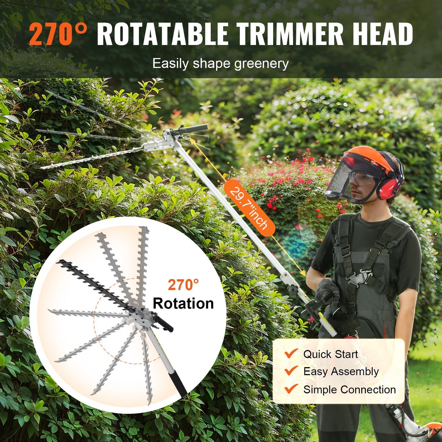 VEVOR 15.7-inch 26CC 2 Cycle Gas Hedge Trimmer, Gas Powered Pole Hedge Trimmer with Dual Sided Dual Action Blade, 270° Adjustable Trimmer Head, Suitable for Trimming Shrubs, Bushes