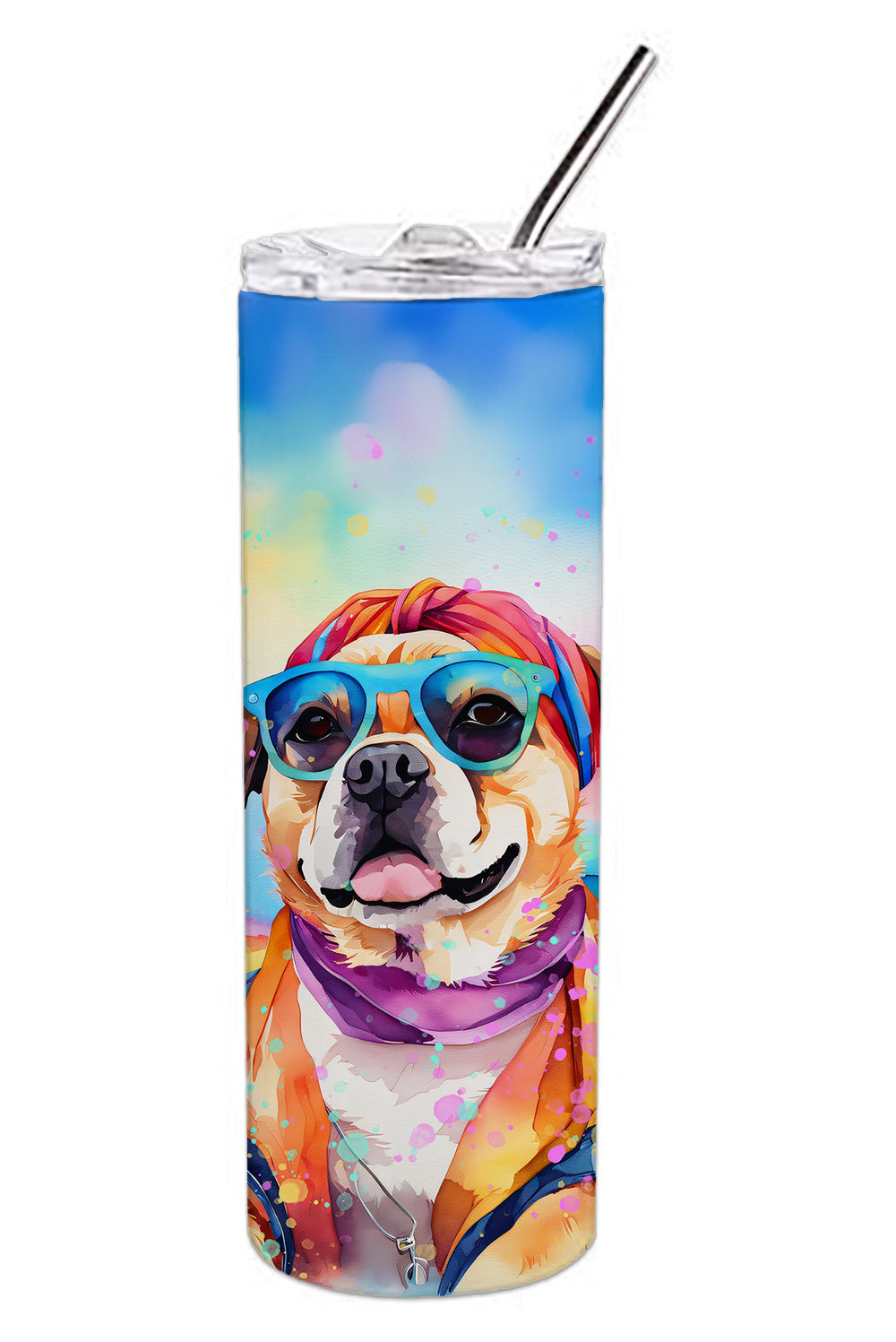 Pug Hippie Dawg Stainless Steel Skinny Tumbler Vacuum Double Walled Reusable Insulated Tumbler Travel Cup for Coffee Cocktails Gift with Lid, 20 oz