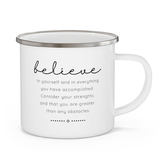 Enamel Camping Mug, Believe In Yourself - Inspirational Motivation - Black