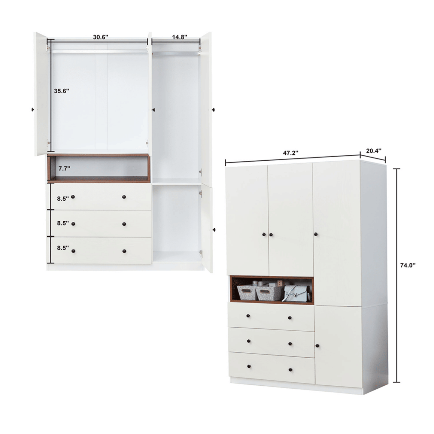 3-Door Armoire Wardrobe Closet, Wooden 3 Drawers White Closet Storage Cabinet for Large Capacity, Tall Cabinet Closet with 2 Hanging Rod for Bedroom 47.3" L x 20.3" W x 72" H