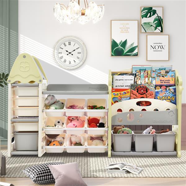 Kids Bookshelf Toy Storage Organizer with 17 Bins and 5 Bookshelves, Multi-functional Nursery Organizer Kids Furniture Set Toy Storage Cabinet Unit with HDPE Shelf and Bins