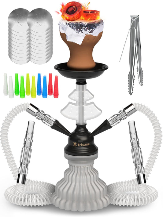 White Hookah Set 2 Hose Hookah LilOne 12 inch White Mini Hookah Combo Kit Shisha Hookah Set with Prepunched Foil Hookas Bowl Disposable Tips Mouthpiece Tongs