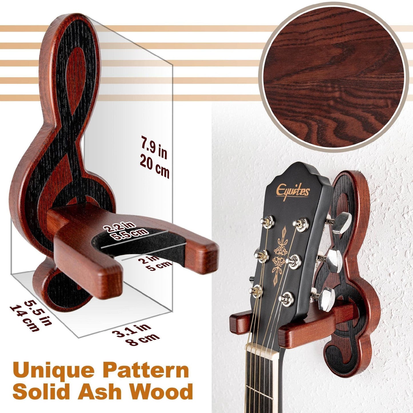 Guitar Holder Wall Mount Ash Wood Wooden Guitar Hanger Hook Stand Rack Guitar Hanger for Electric Classic Acoustic and Bass Guitar Musical Instruments Hardwood (Mahogany Musical key)