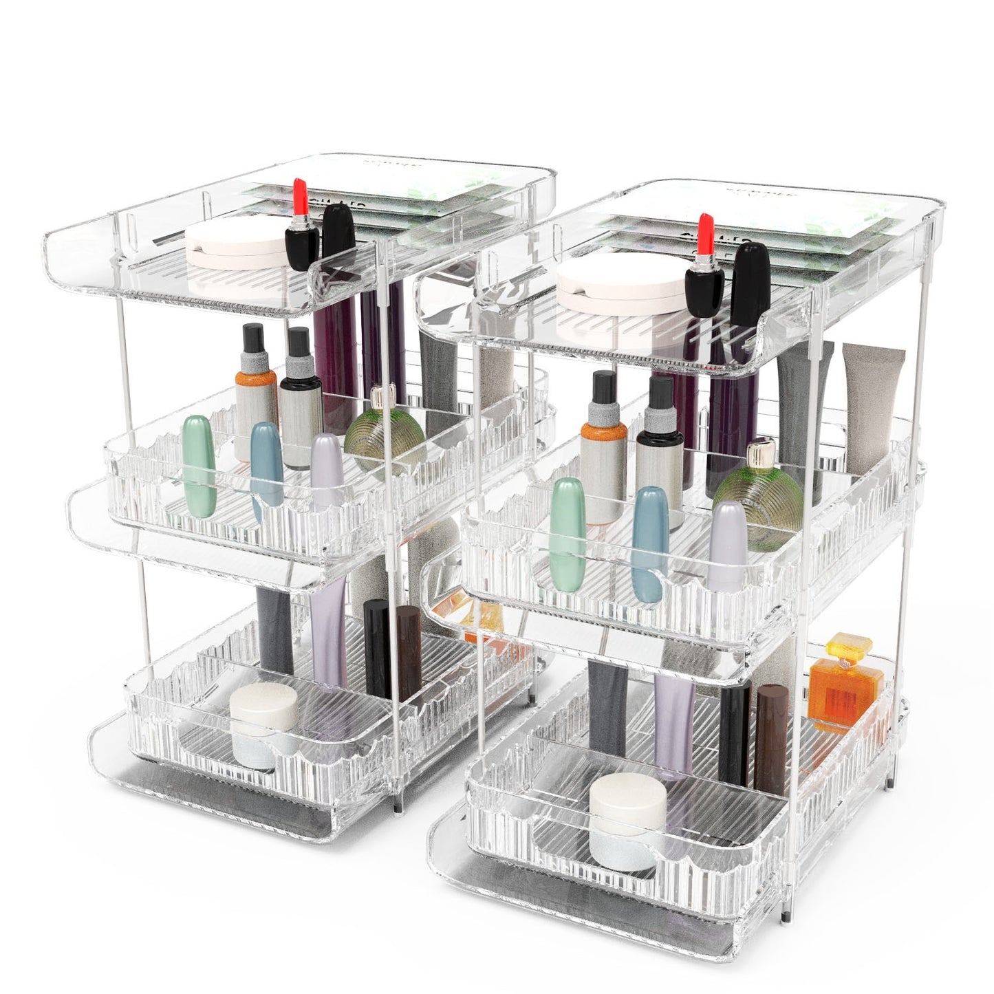 2 Packs 3 Tier Clear Bathroom Organizer with Drawers Dividers Pull-Out Pantry Organization Medicine Bins Slide-Out Storage Container