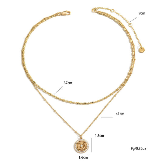 "Elegant Gold Layered Necklace Set with Crystal Medallion  Pendant - Chic and Versatile Jewelry for Women"