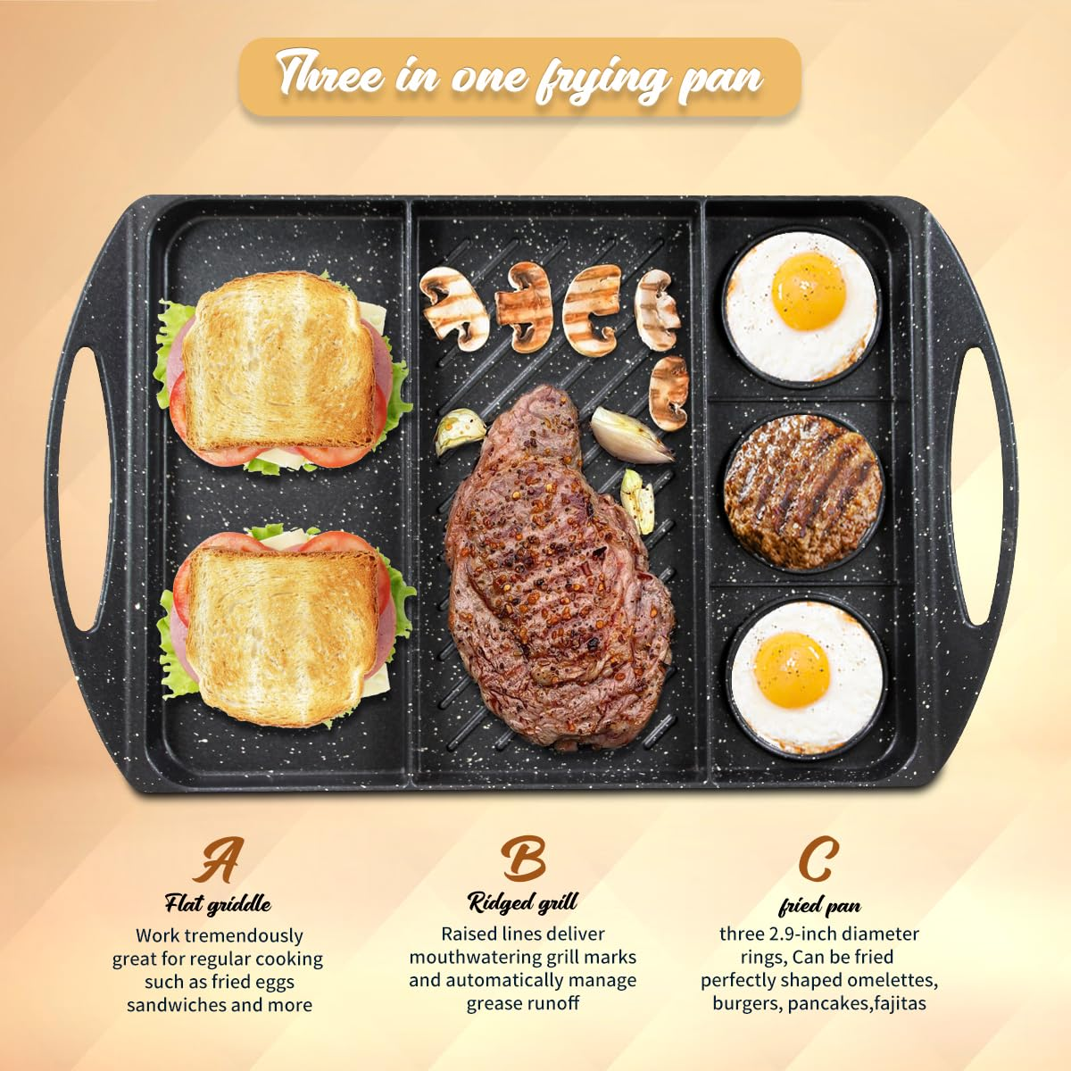 3 in 1 Flat Top Grill Griddle,Griddle Pan for Stove Top Double Burner Grill,Aluminum Pancake Griddle,Non-Stick Top Griddle Grill Compatible with All Stoves,Griddle For Camping/Indoor,Dishwasher Safe