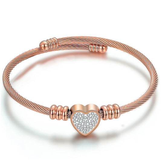 Simple Titanium Steel Heart-shaped Diamond Cable Women's Adjustable Bracelet Wholesale