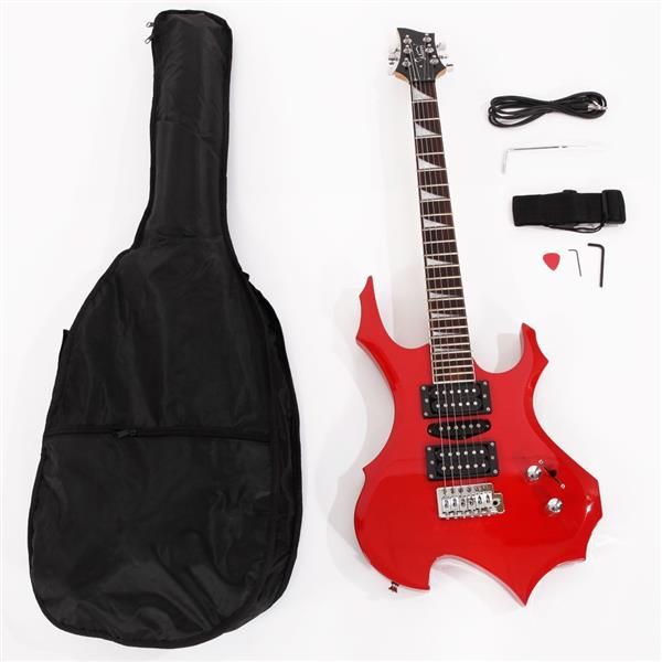 [Do Not Sell on Amazon]Glarry Flame Shaped Electric Guitar with 20W Electric Guitar Sound HSH Pickup Novice Guitar Audio Bag Strap Picks Shake Cable Wrench Tool Red