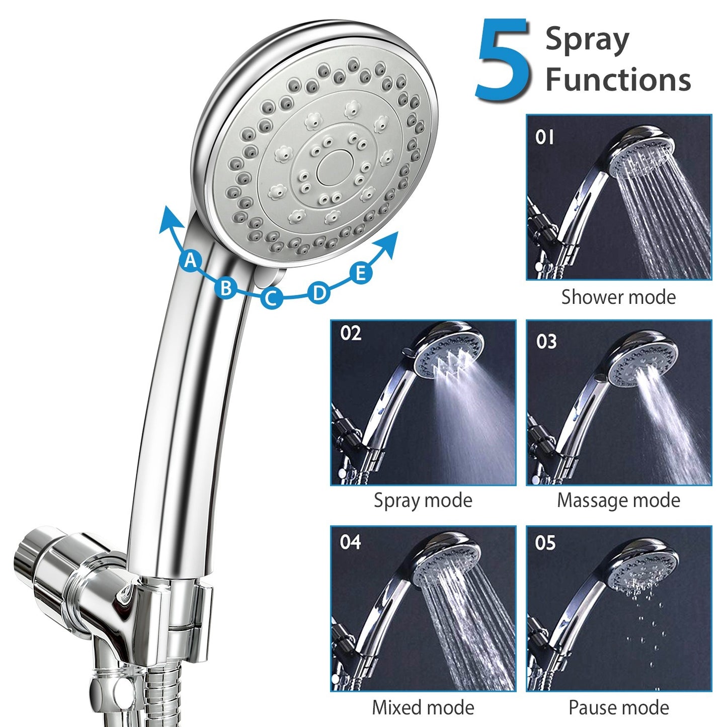 Handheld Shower Head Stainless High Pressure 5 Spray Settings Massage Spa Showerhead Chrome Face