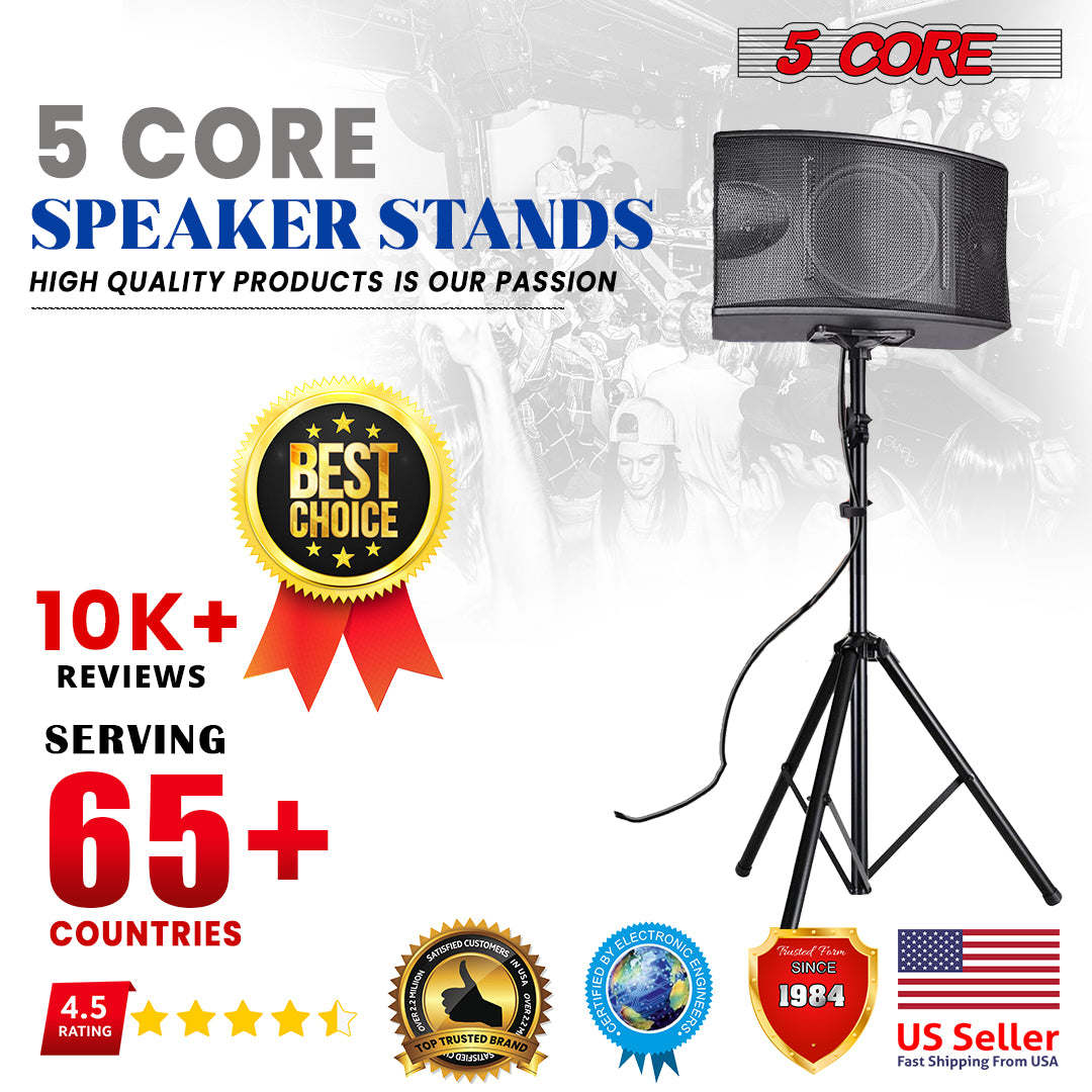 5 Core Speaker Stand Tripod Pair Tall Height Adjustable Heavy Duty DJ Light Floor Stands Universal 35mm Pole Mount PA Studio Monitor Large Subwoofer Support - - SS HD 2PK BLK BAG