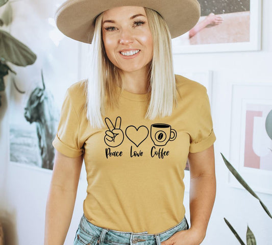 Peace Love Coffee T-shirt, Love Coffee Shirt, Coffee Gift, Birthday Tee, Summer Top, Women's Shirts, Hippie Gift, Vegan T-shirt, Mom Tee
