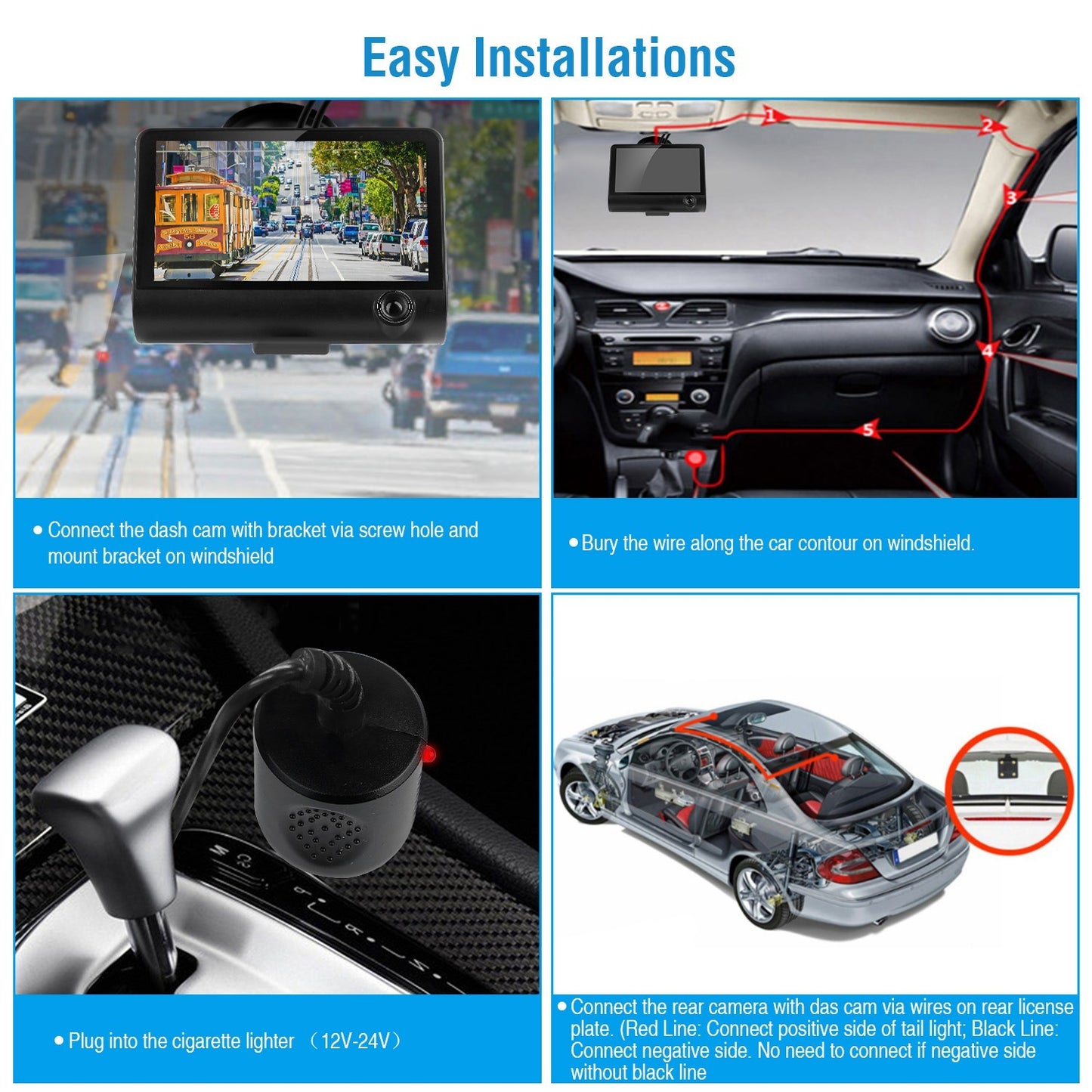 FHD 1080P Touch Screen Car DVR Dash Camera 4In 3 Lens Vehicle Driving Recorder Seamless Loop Recording