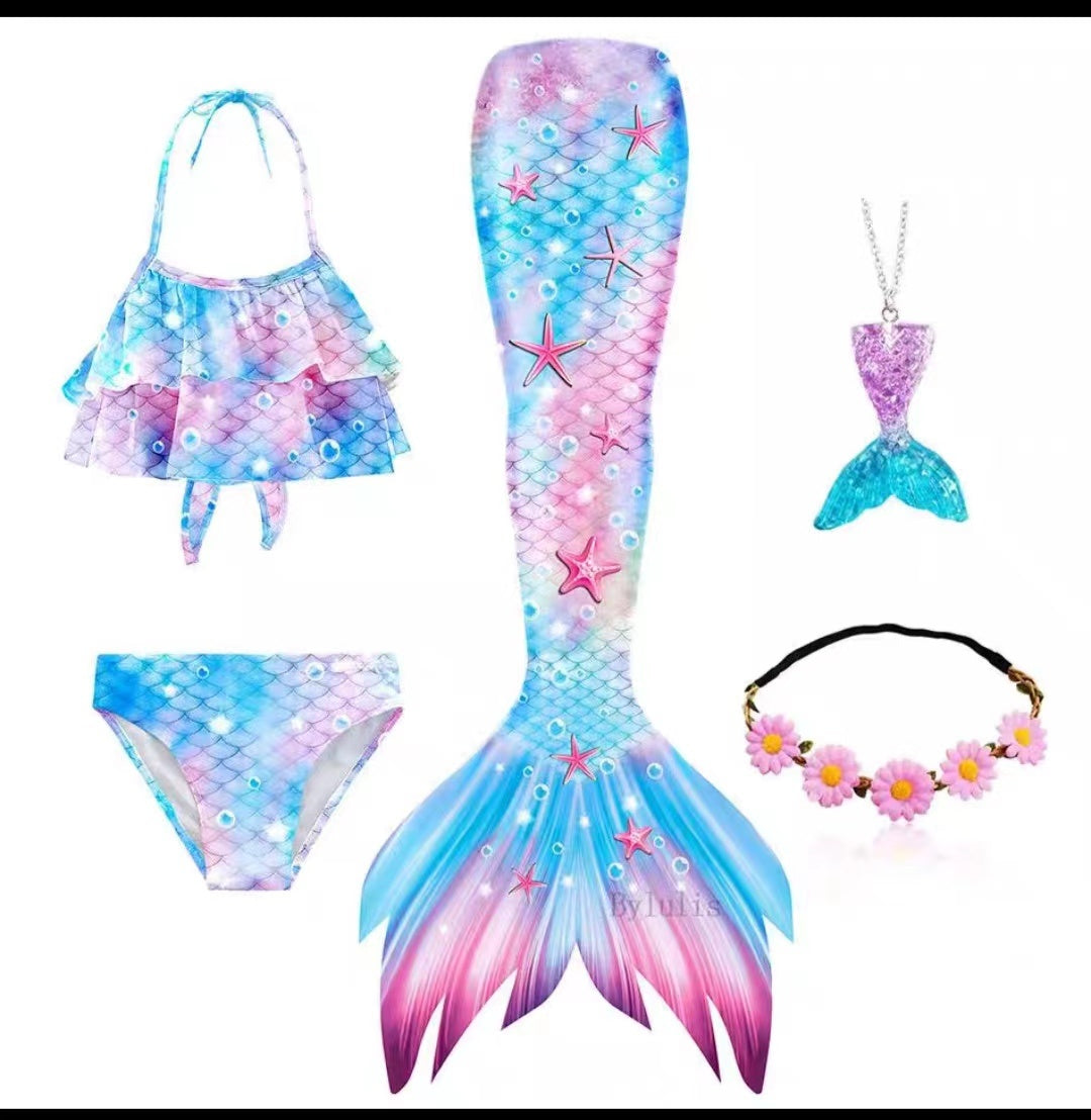 5pcs/set Girls Mermaid Tail Swimsuit Children Mermaid Ariel Cosplay Costume Fantasy Beach Bikini