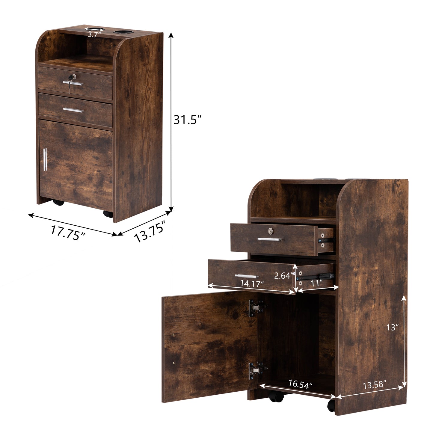 Salon Station, Hair Styling Station with Drawers, Cabinet and Hair Dryer Holders, Rustic Brown