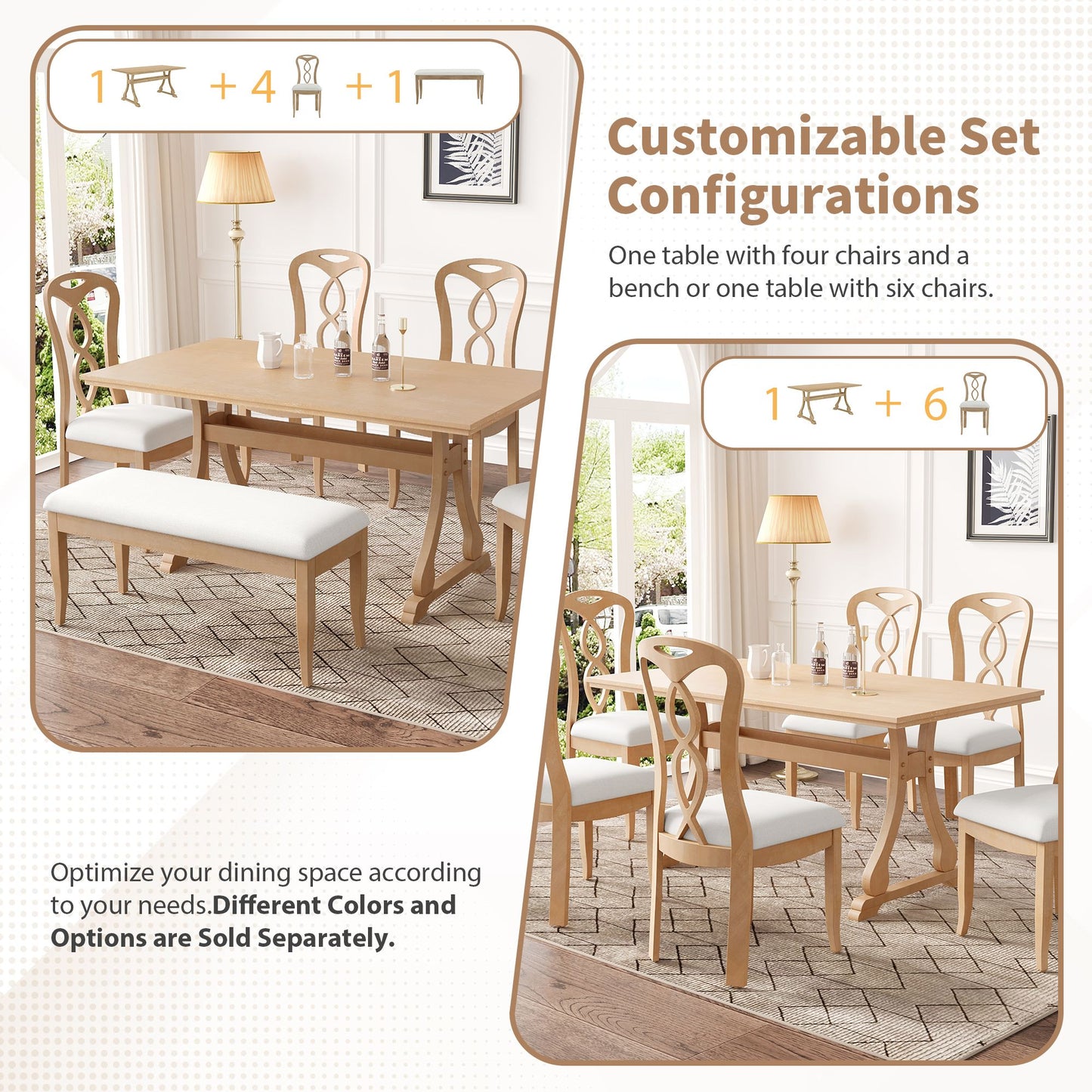 Retro 7-Piece Trestle Dining Table Set with Upholstered Dining Chairs, Smooth Dining Backs for Dining Room, Living Room, Kitchen