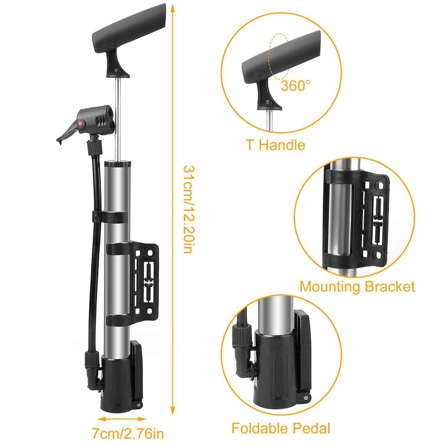 Mini Bike Pump Portable Bicycle Tire Inflator Ball Air Pump w/ Mount Frame For Mountain Road Bike