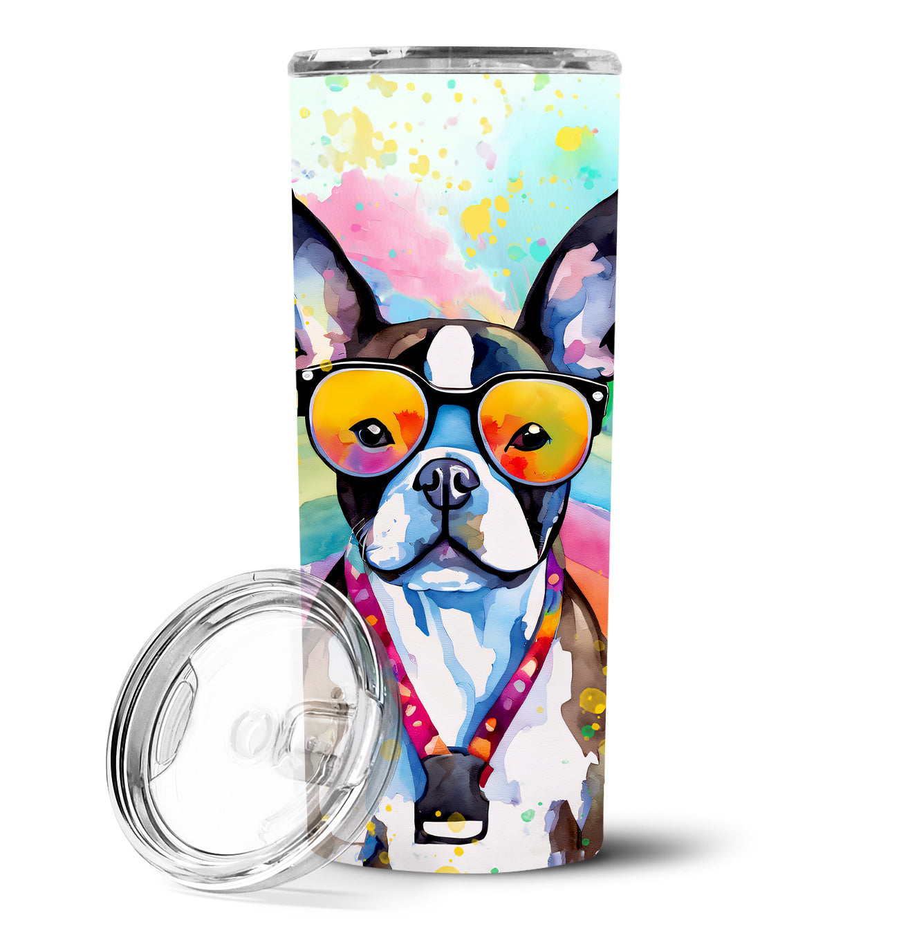 Boston Terrier Hippie Dawg Stainless Steel Skinny Tumbler Vacuum Double Walled Reusable Insulated Tumbler Travel Cup for Coffee Cocktails Gift with Lid, 20 oz