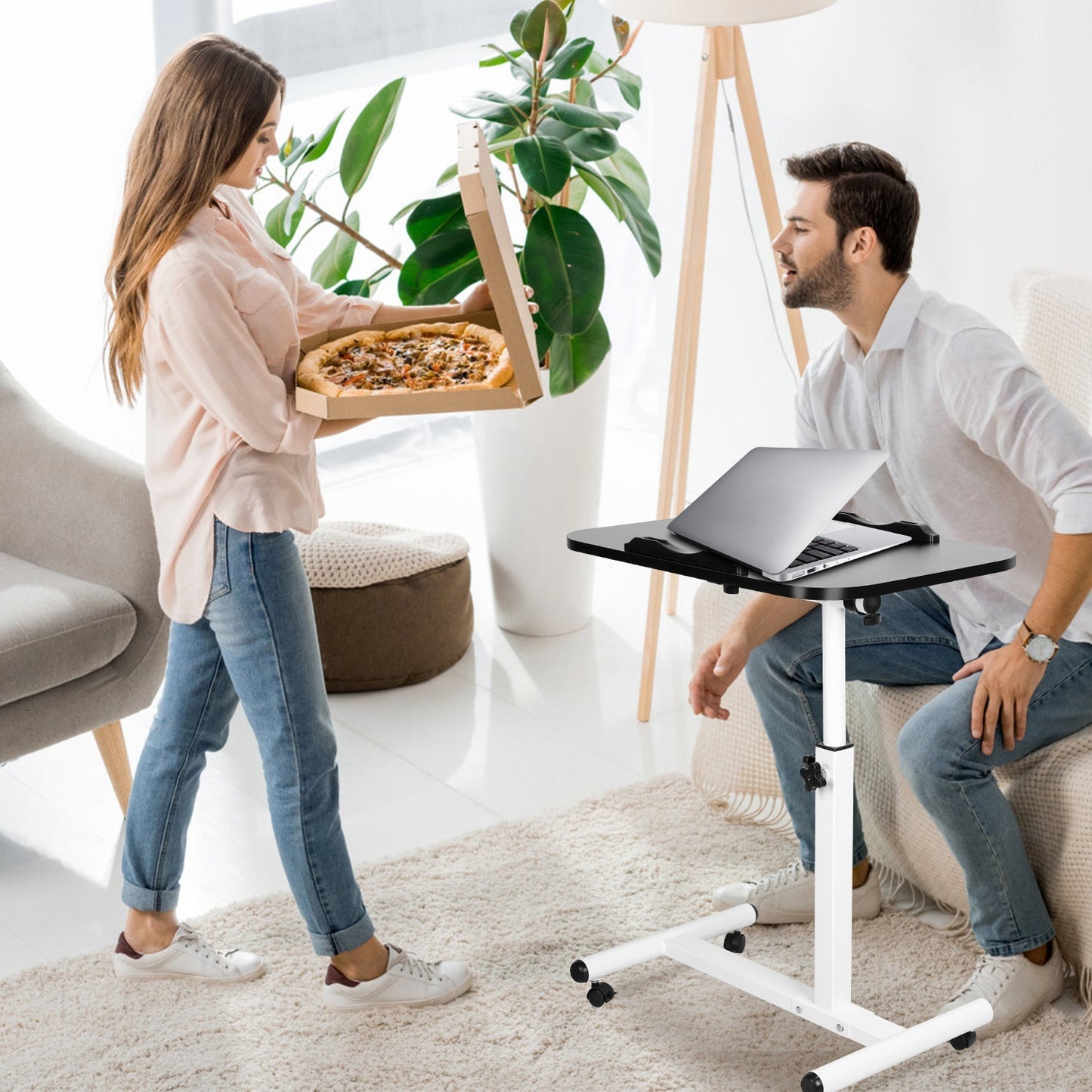 Rolling Laptop Table Portable Computer Desk Movable Table with Adjustable Height Tilting Angle