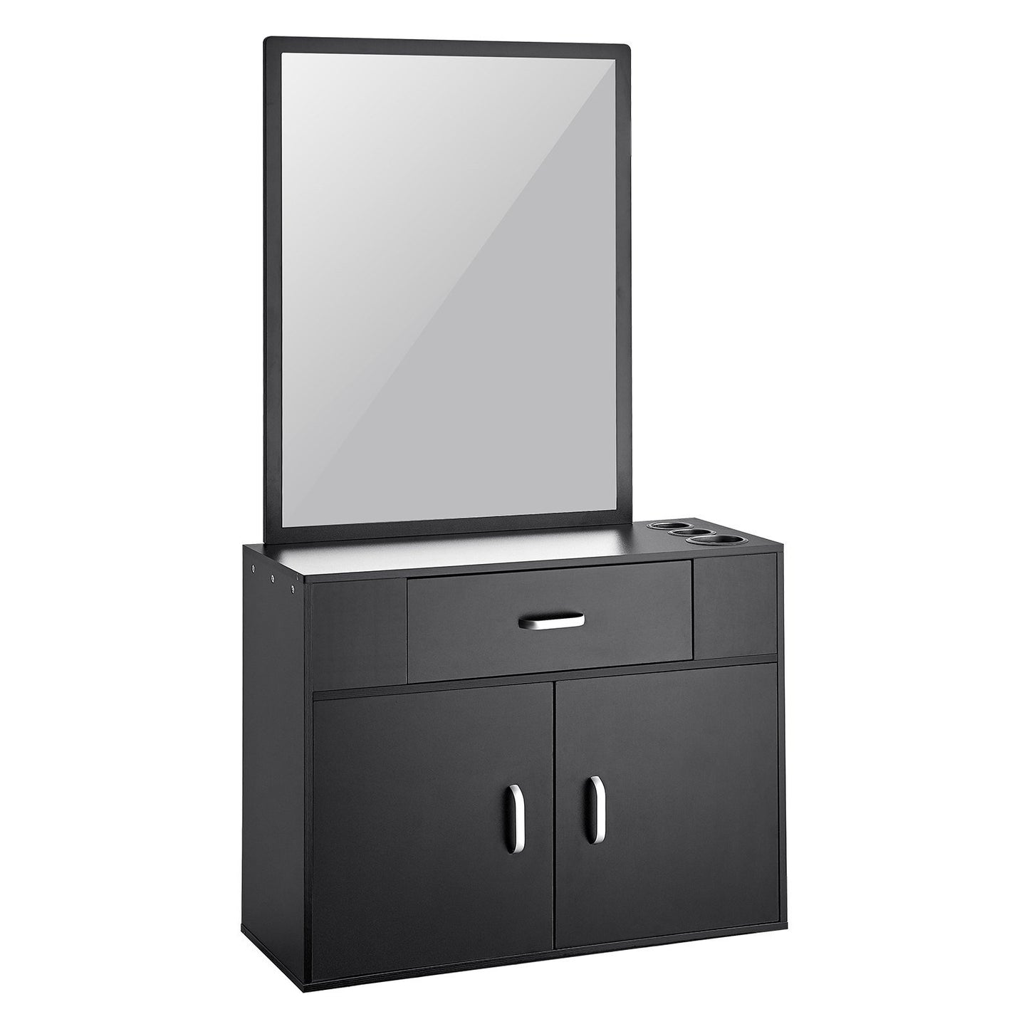 VEVOR Salon Storage Cabinet, Wall Mounted Barber Salon Station for Hair Stylist, Hair Stylist Station Set, with 3 Sleeves, A Mirror, Double-door Cabinet, and A Drawer, Black