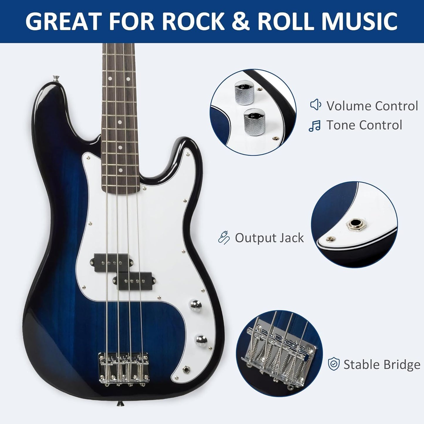 46 Inch Full Size Electric Bass Guitar Kit PB style for Beginners with Amplifier, Blue and White