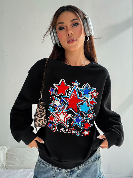 Women Basic Casual Pullover Spring Autumn Long Sleeve Multicolored Pentagrams Printed Round Neck