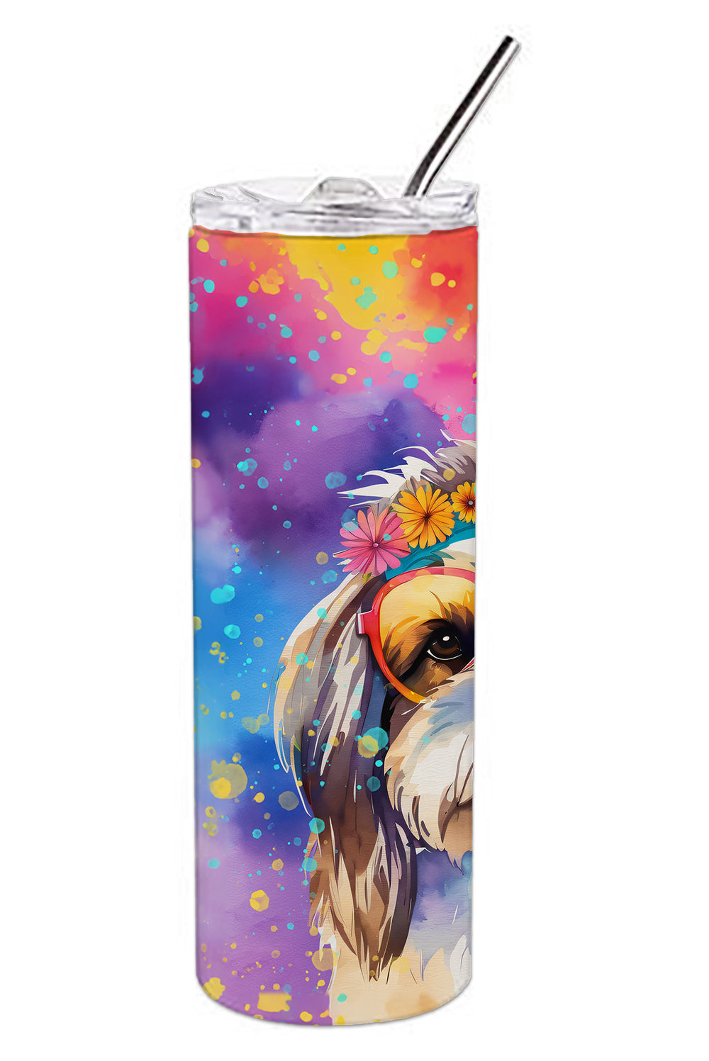 Shih Tzu Hippie Dawg Stainless Steel Skinny Tumbler Vacuum Double Walled Reusable Insulated Tumbler Travel Cup for Coffee Cocktails Gift with Lid, 20 oz