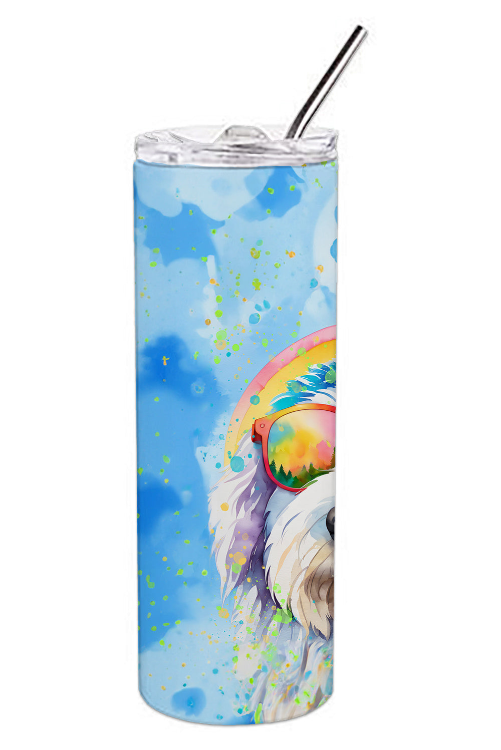 Old English Sheepdog Hippie Dawg Stainless Steel Skinny Tumbler Vacuum Double Walled Reusable Insulated Tumbler Travel Cup for Coffee Cocktails Gift with Lid, 20 oz