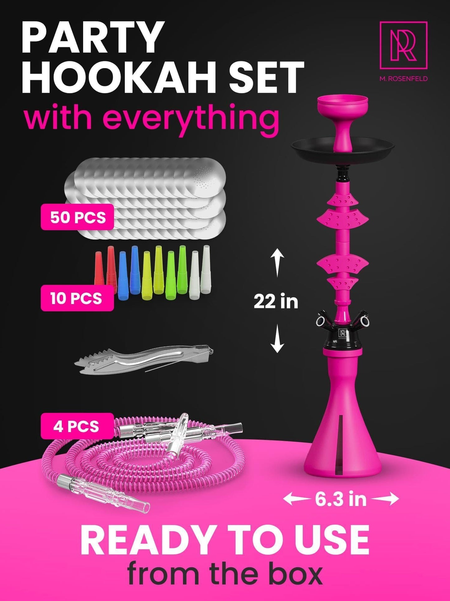 Hookah Set With Everything 4 Hose Pink Hookah with 50x Foil Big Silicone Bowl 10x Tips 4x Mouthpiece 4x Hookah Hose Tongs Hookah Kit