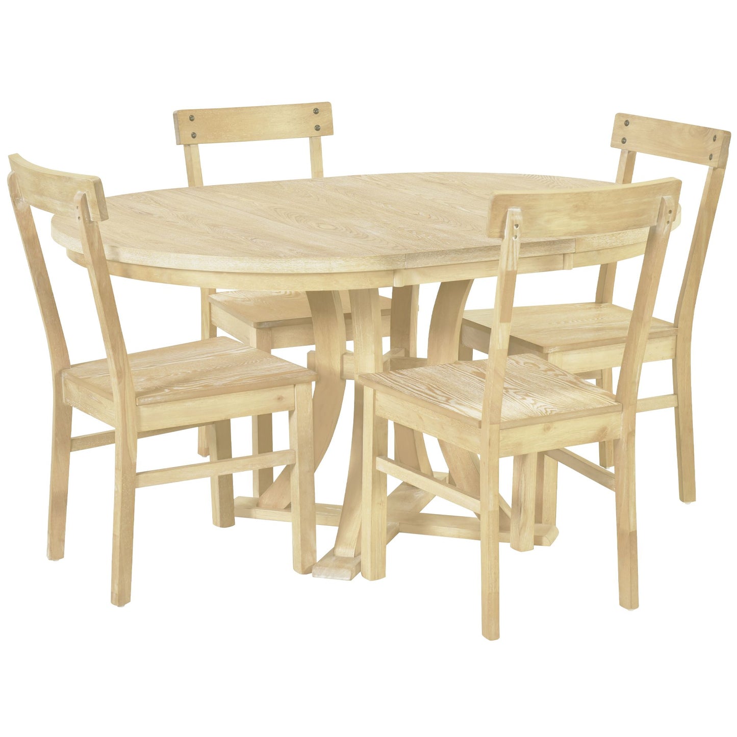 5-Piece Rustic Round Pedestal Extendable Dining Table Set with 15.7\" Removable Leaf and Simple Dining Chirs for Small Places