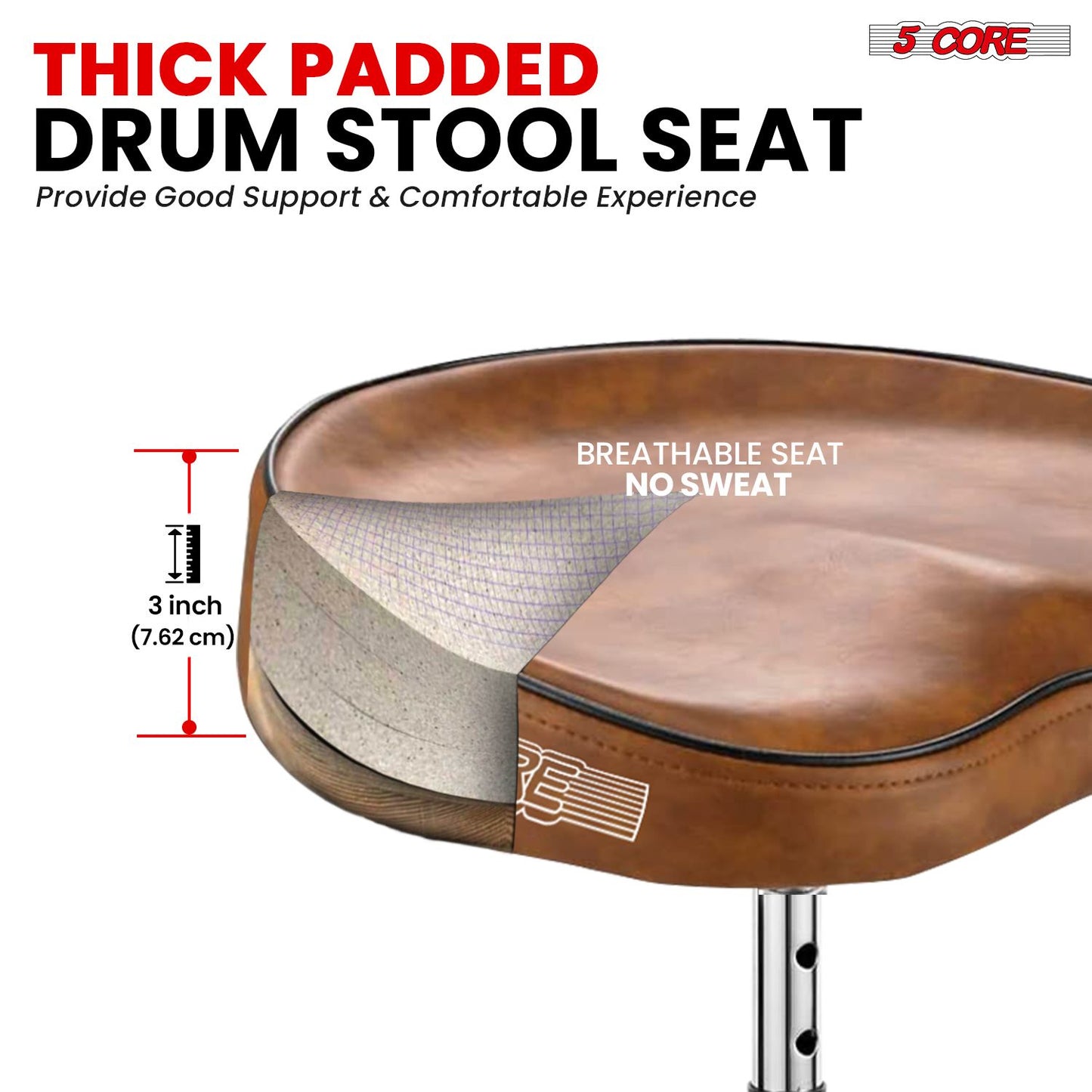 5 CORE Drum Throne Padded Guitar Stool Adjustable Saddle Music Chair Seat Universal for Adults & Kids with Anti Slip Rubber Feet - DS CH BR SDL