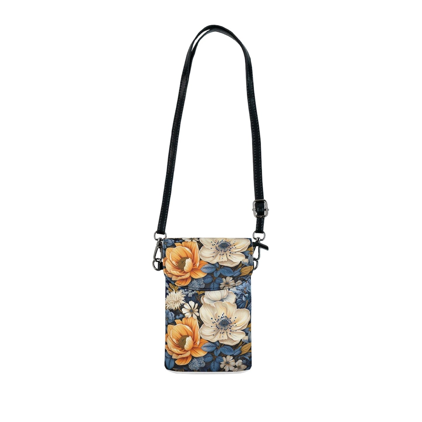 Blue Floral Block Print Illustration Crossbody Cell Phone Wallet Purse