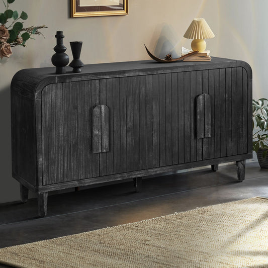 59'' Farmhouse Curved Vintage Storage Sideboard with Large Wooden Handles, Vertical Wood Grain Carving and Adjustable Shelves for Kitchen,Dining Room (Antique Black)